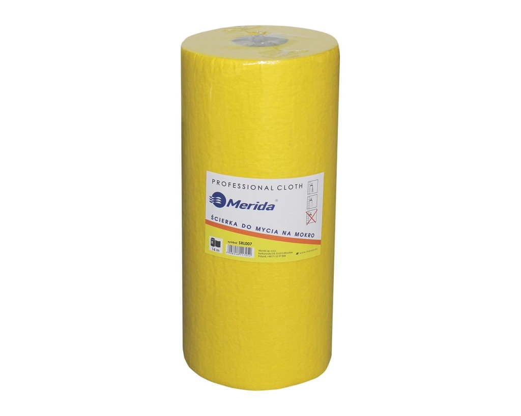 MERIDA Wet wiping cloths in perforated roll 14 m made of viscose (70%), polyester (10%) and polypropylene (20%), yellow