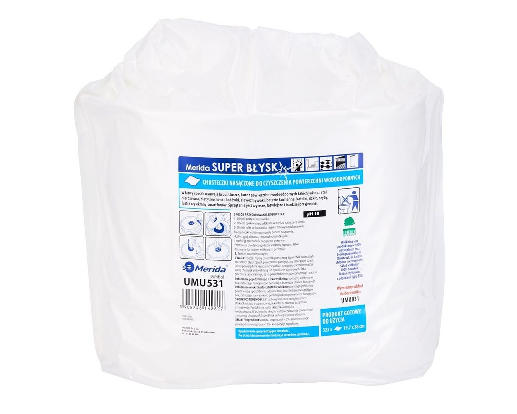 MERIDA SUPER BŁYSK wet wipes for cleaning waterproof surfaces, insert for bucket 10 l, roll 122.36 m, 322 sheets