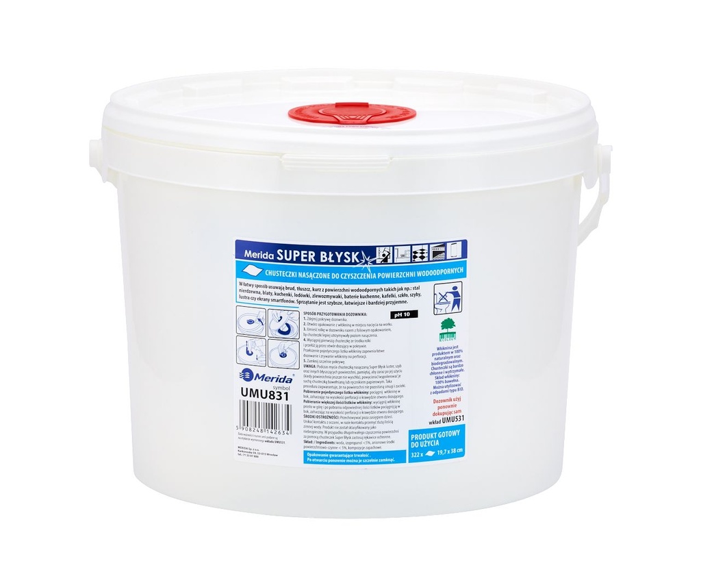 MERIDA SUPER BŁYSK wet wipes for cleaning waterproof surfaces, bucket 10l, roll 122.36 m, 322 sheets